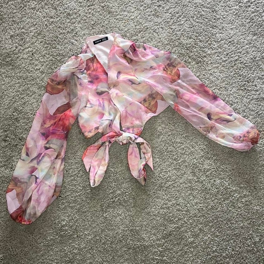 Pink Floral Sheer Chiffon Tie Front Crop Top Coquette Y2K Romantic Blouse